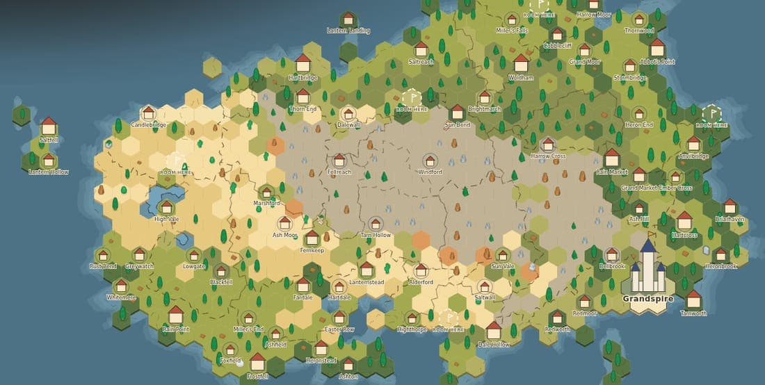 A region map drawn in hexes: forest, grassland, sand and rock inside a coastline, dotted with small named towns, and the capital, Grandspire, in the south-east.