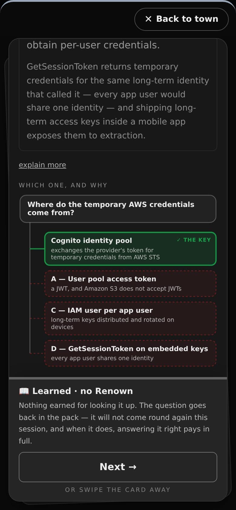 A DVA-C02 question opened with Learn: a concept map asking where temporary AWS credentials come from, with Cognito identity pool marked as the key and three wrong options drawn as dashed traps; a “Learned, no Renown” bar underneath.