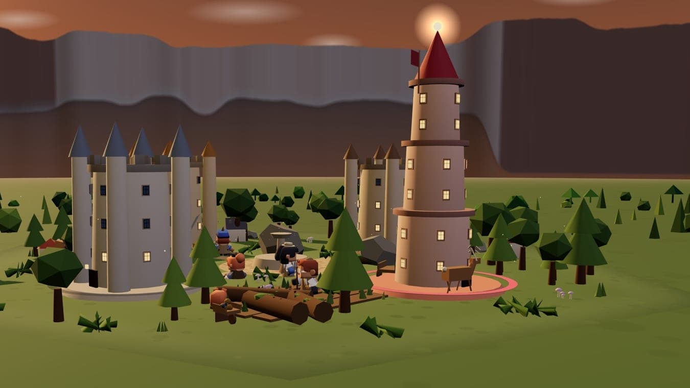 A town at dusk on green ground: a many-turreted keep and a tall red-roofed tower above the trees, villagers and a deer in the square, cliffs behind.