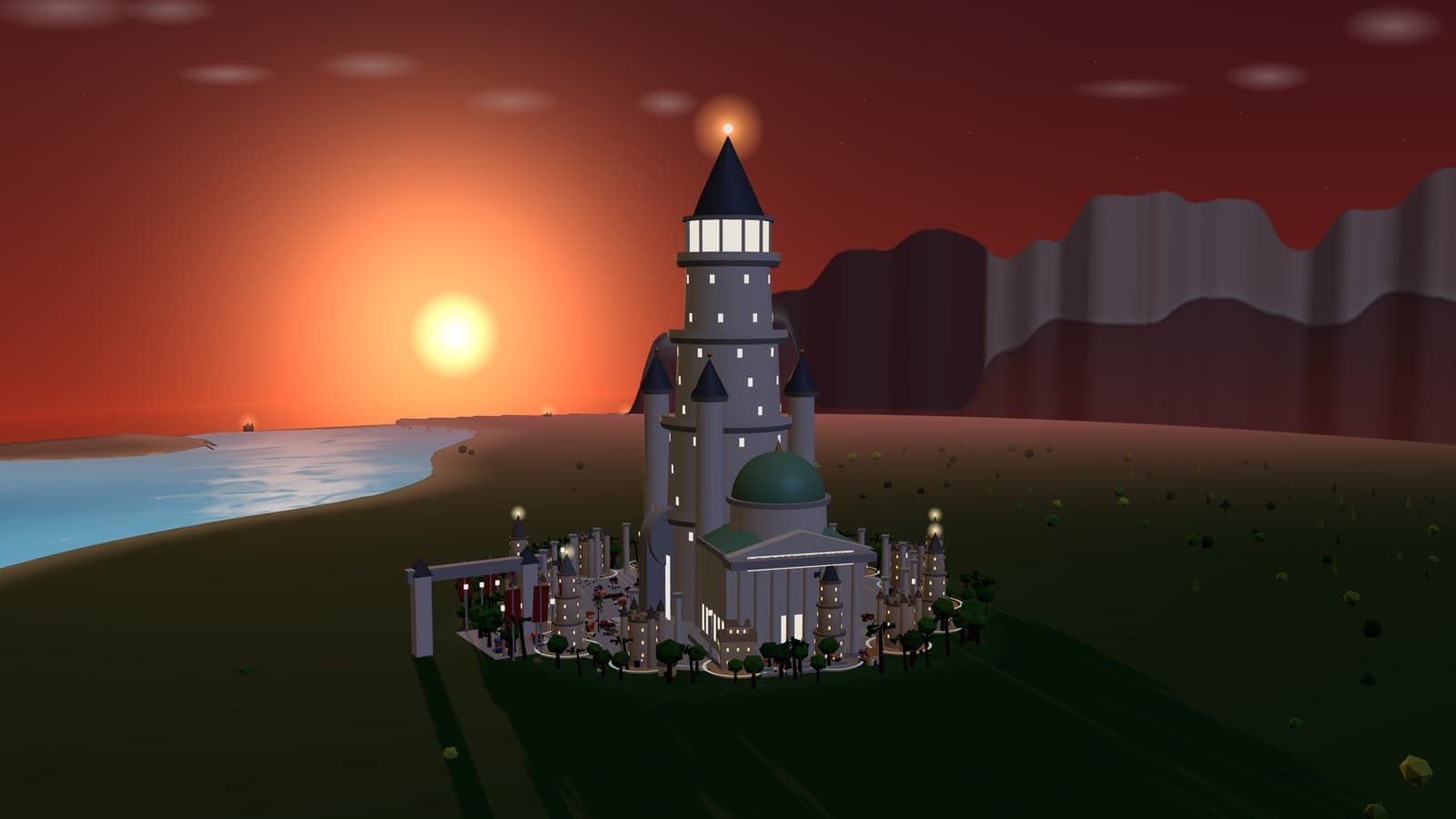 Grandspire, the capital, at dusk: a lit tower above a walled town on the shore, ships on the water and the sun setting behind a mountain range.
