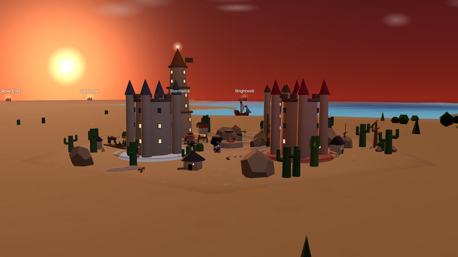 A small desert town at dusk, three towers against a deep orange sky and a low sun on the horizon.