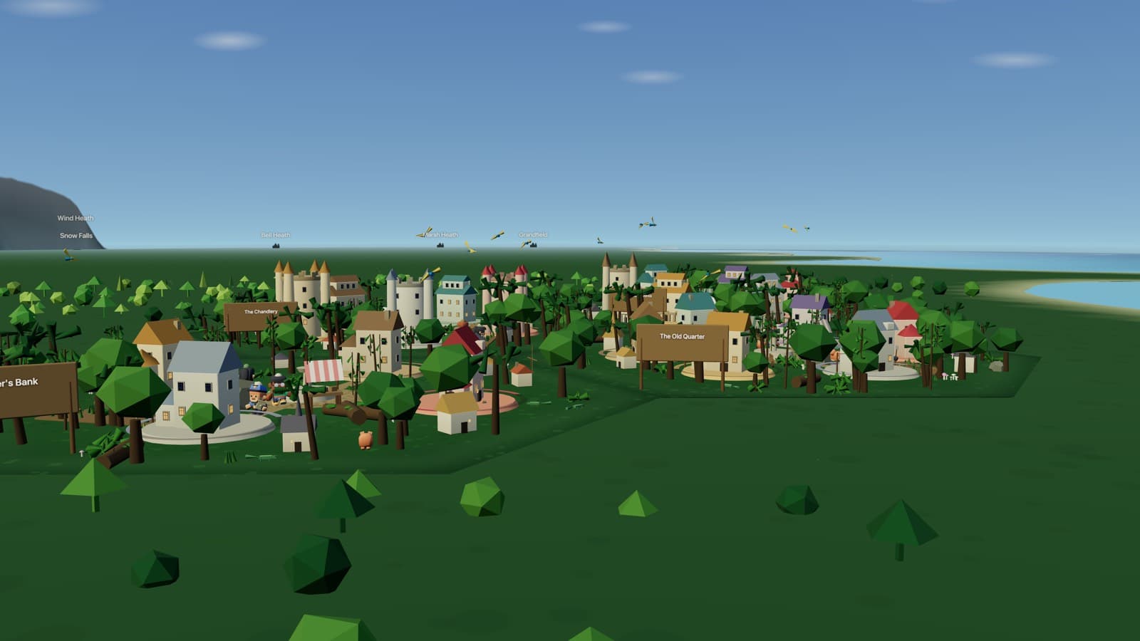 A town from inside it at morning: houses and towers among trees, wooden signs naming The Chandlery and The Old Quarter, villagers on the paths and the sea beyond.
