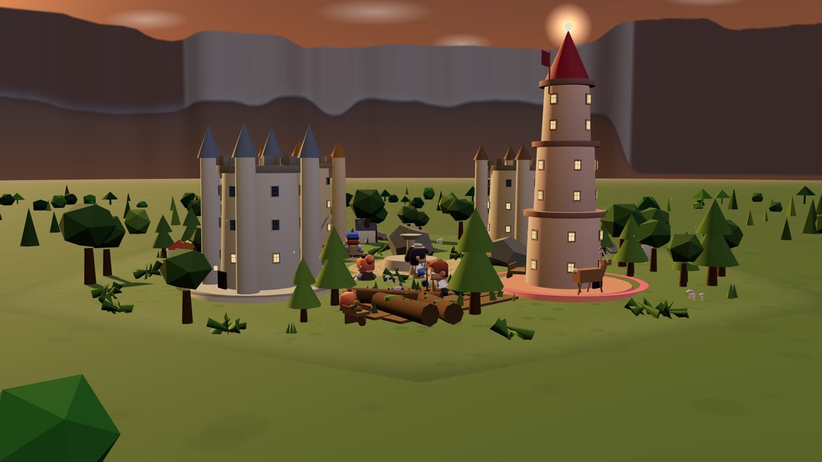A nearly finished woodland town at golden hour, its keep and tower standing above a ring of smaller houses, with a mountain range beyond.