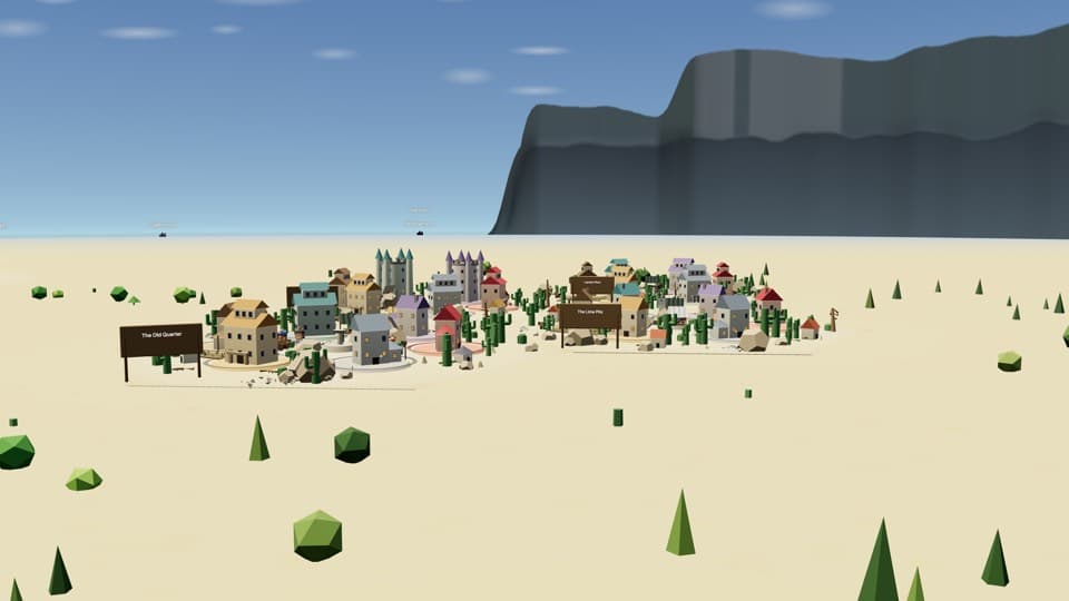 A desert town under hard noon light, pale sand, a cliff wall standing behind it.