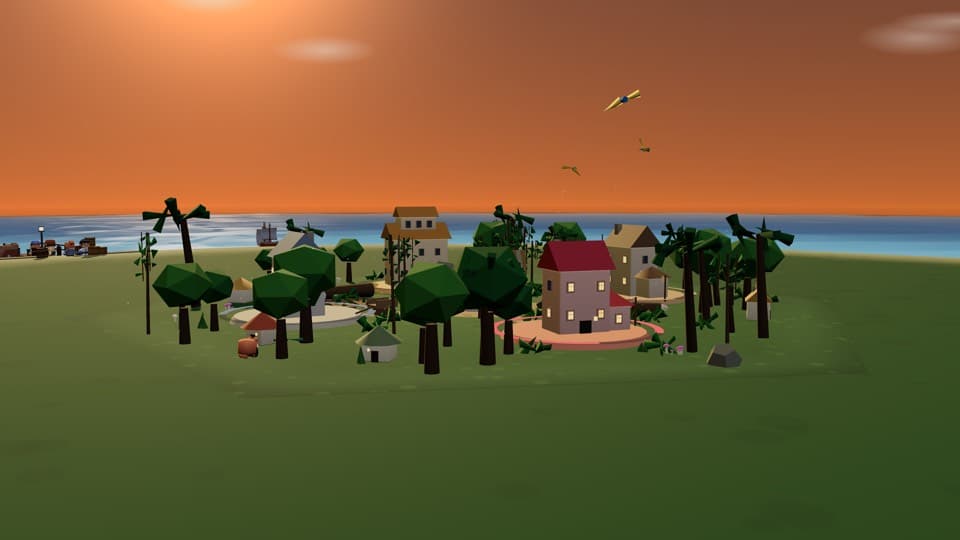 A green island town alone in open sea at golden hour, no other land in sight.