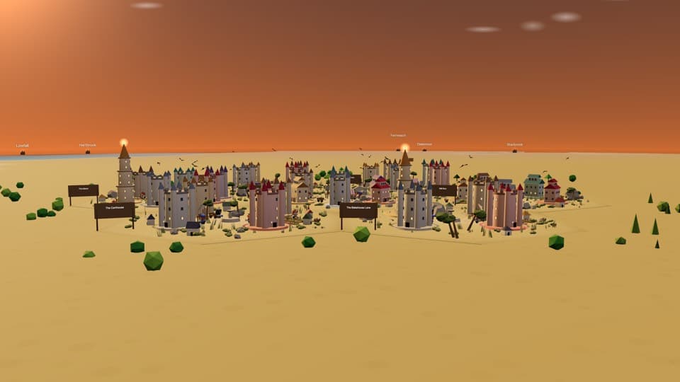 A large steppe city at golden hour, seven towers on open grassland gone gold.