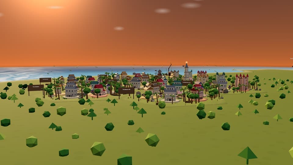 A tropical town among palms at golden hour, warm light across shallow green water.