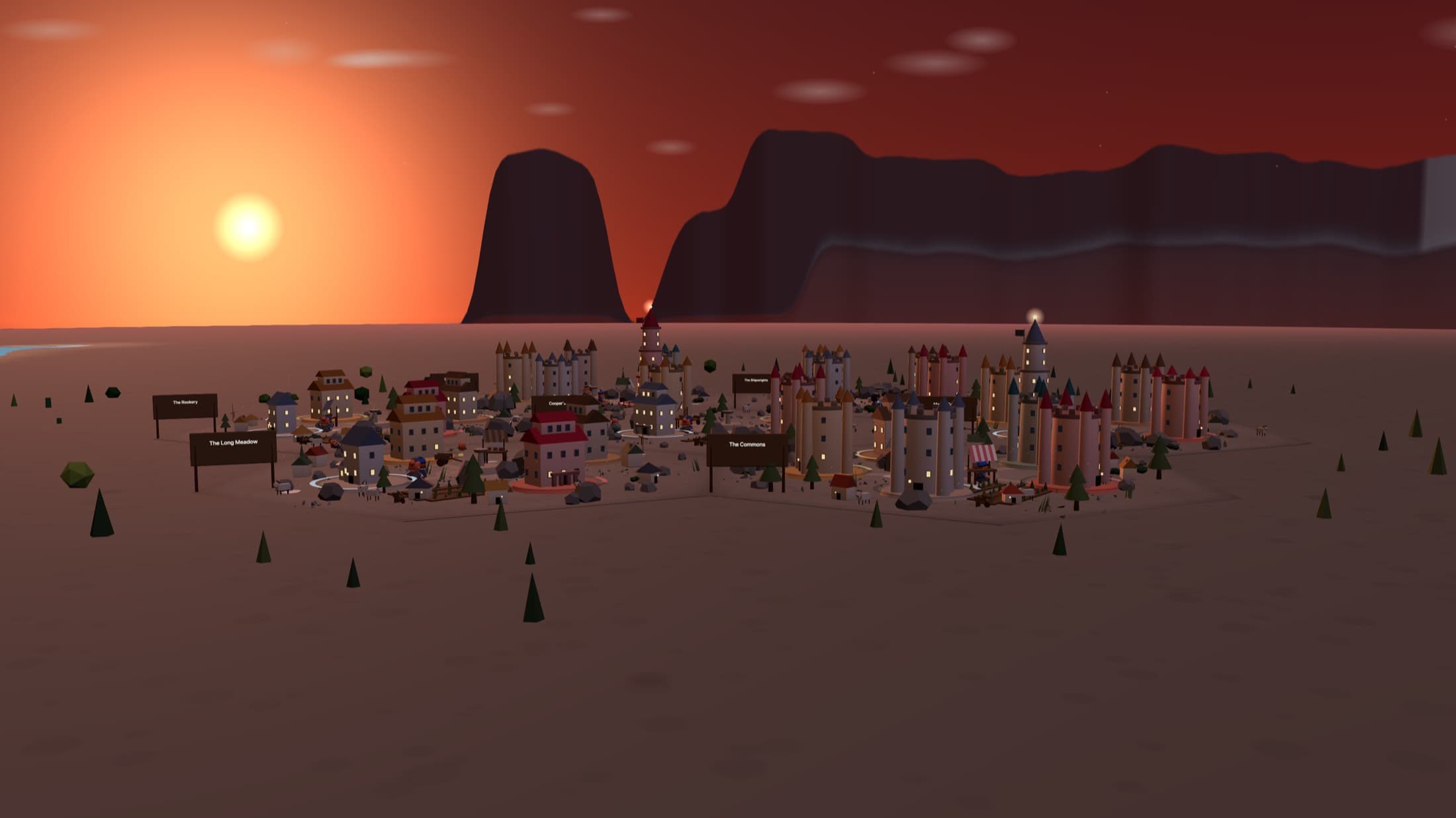 A mountain town at dusk in Certopolis: dozens of lit towers and houses standing on a headland, the sun going down behind a dark range under an orange sky.